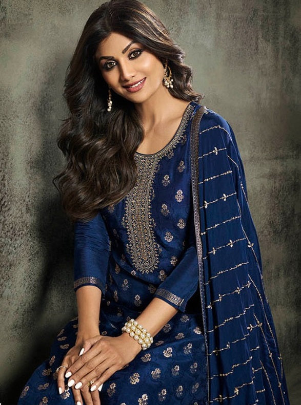 Jacquard Blue Silk Semi-Stitched Kurti Set | Embroidered with Chinon Dupatt