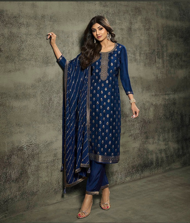 Jacquard Blue Silk Semi-Stitched Kurti Set | Embroidered with Chinon Dupatt
