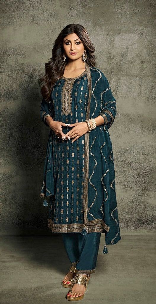 Stylish Rama Jacquard Silk Kurti Set | Embroidered Festive & Party Outfit