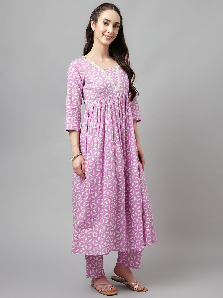 Indian Purple Ready-Made Cotton Kurti Set with Organza Dupatta | Perfect for Parties