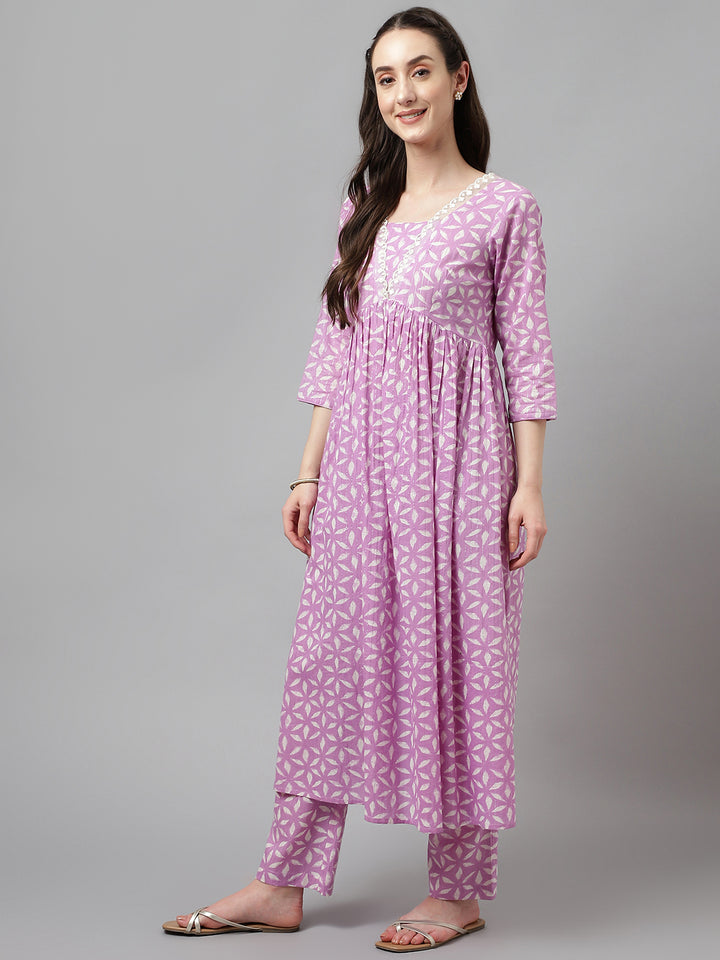 Indian Purple Ready-Made Cotton Kurti Set with Organza Dupatta | Perfect for Parties