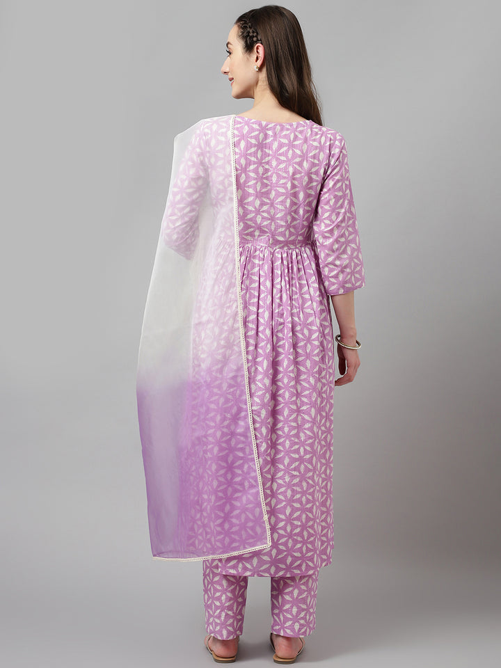 Indian Purple Ready-Made Cotton Kurti Set with Organza Dupatta | Perfect for Parties