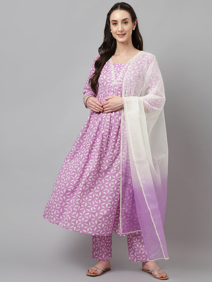 Indian Purple Ready-Made Cotton Kurti Set with Organza Dupatta | Perfect for Parties