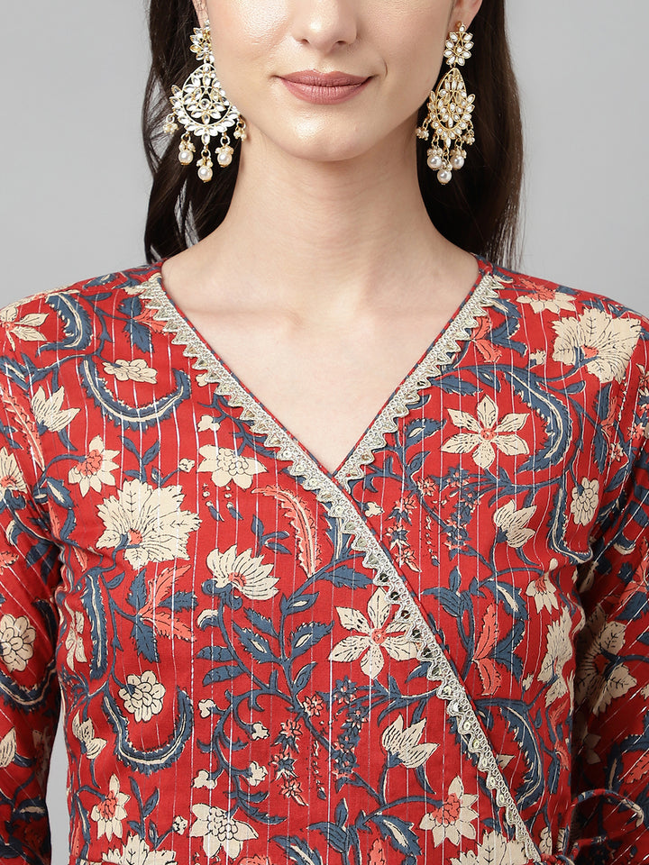 Elegant Maroon Cotton Kurti Set | Ready-Made Outfit with Chanderi Dupatta
