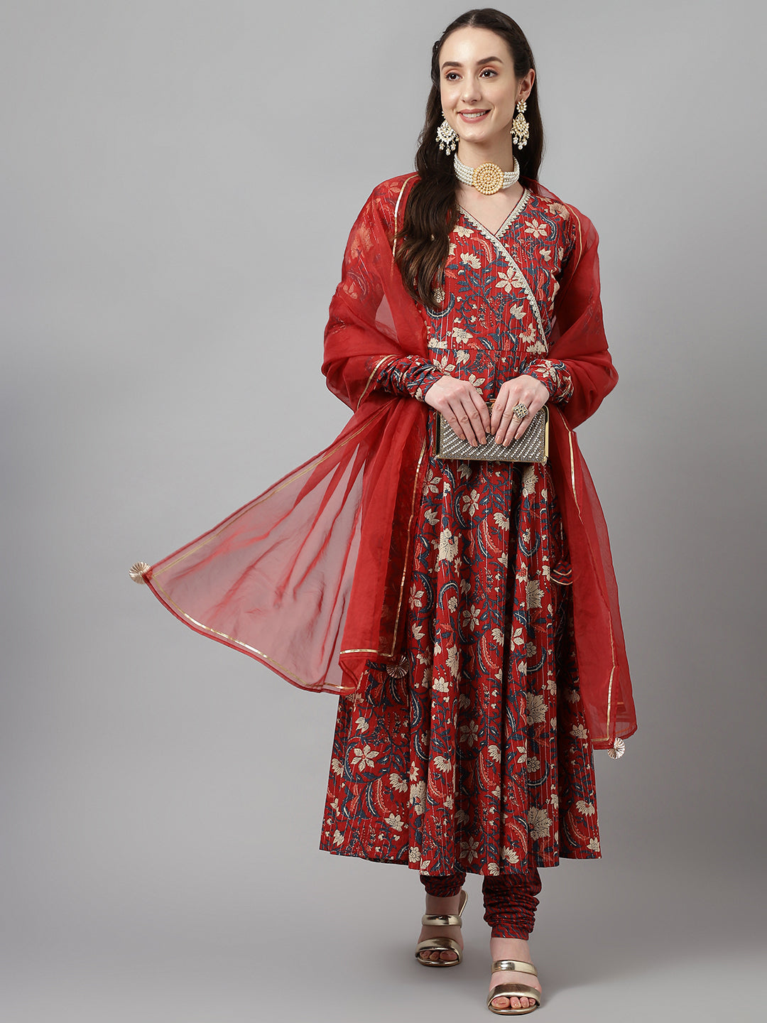 Elegant Maroon Cotton Kurti Set | Ready-Made Outfit with Chanderi Dupatta
