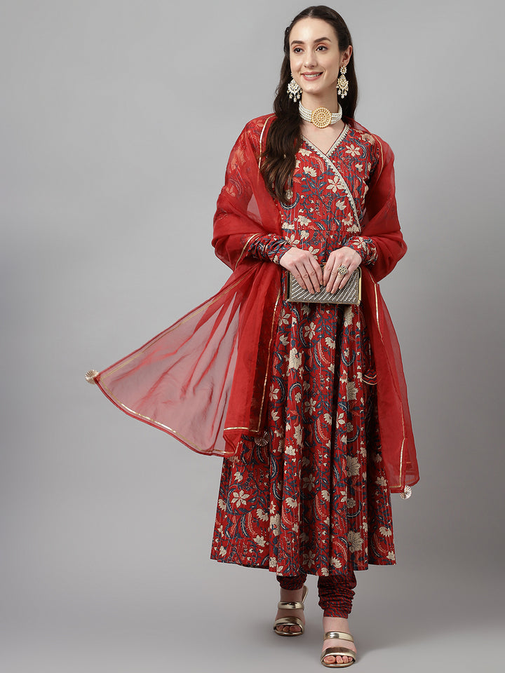 Elegant Maroon Cotton Kurti Set | Ready-Made Outfit with Chanderi Dupatta