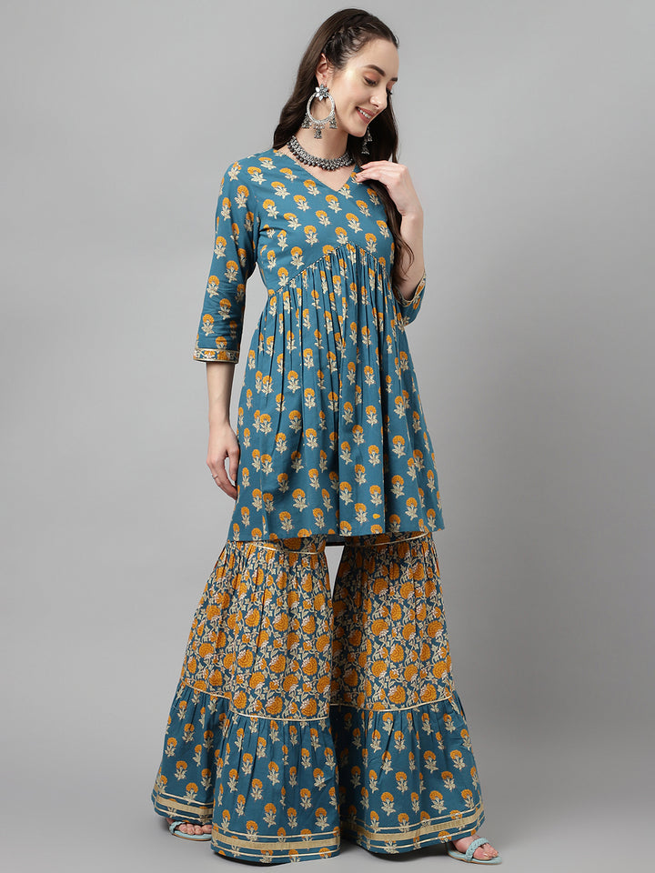 Chic Teal Blue Cotton Kurti Set | Ready-Made Outfit with Elegant Chinon Dupatta