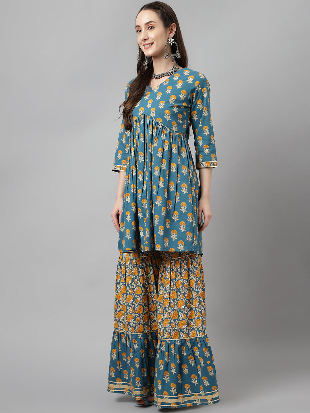 Chic Teal Blue Cotton Kurti Set | Ready-Made Outfit with Elegant Chinon Dupatta