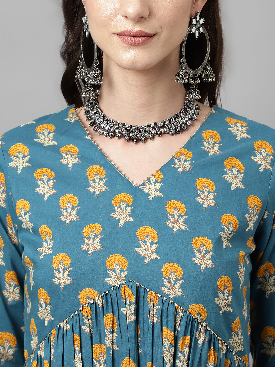 Chic Teal Blue Cotton Kurti Set | Ready-Made Outfit with Elegant Chinon Dupatta
