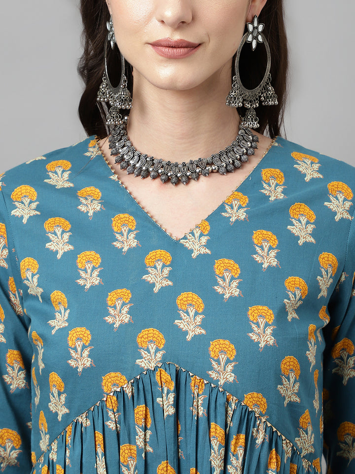 Chic Teal Blue Cotton Kurti Set | Ready-Made Outfit with Elegant Chinon Dupatta