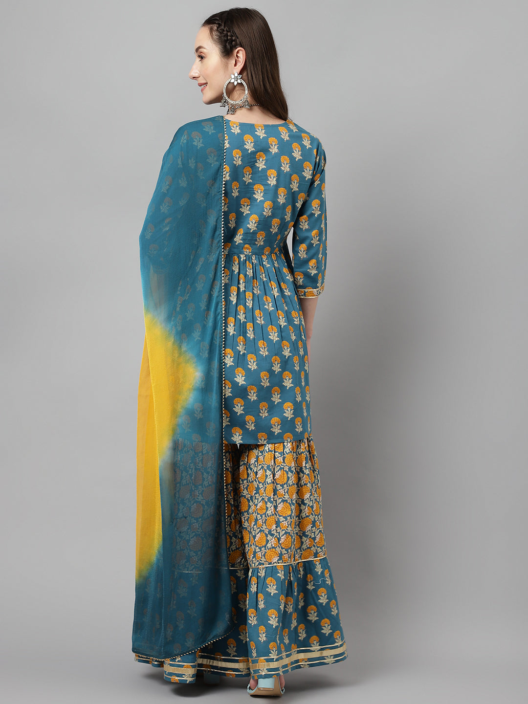 Chic Teal Blue Cotton Kurti Set | Ready-Made Outfit with Elegant Chinon Dupatta