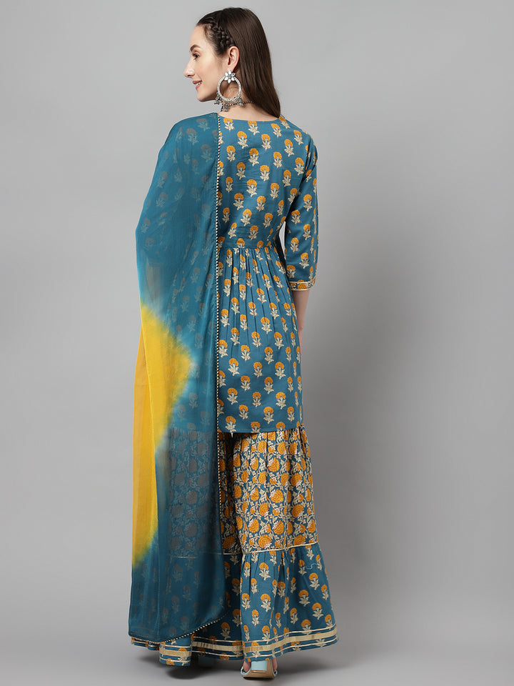 Chic Teal Blue Cotton Kurti Set | Ready-Made Outfit with Elegant Chinon Dupatta