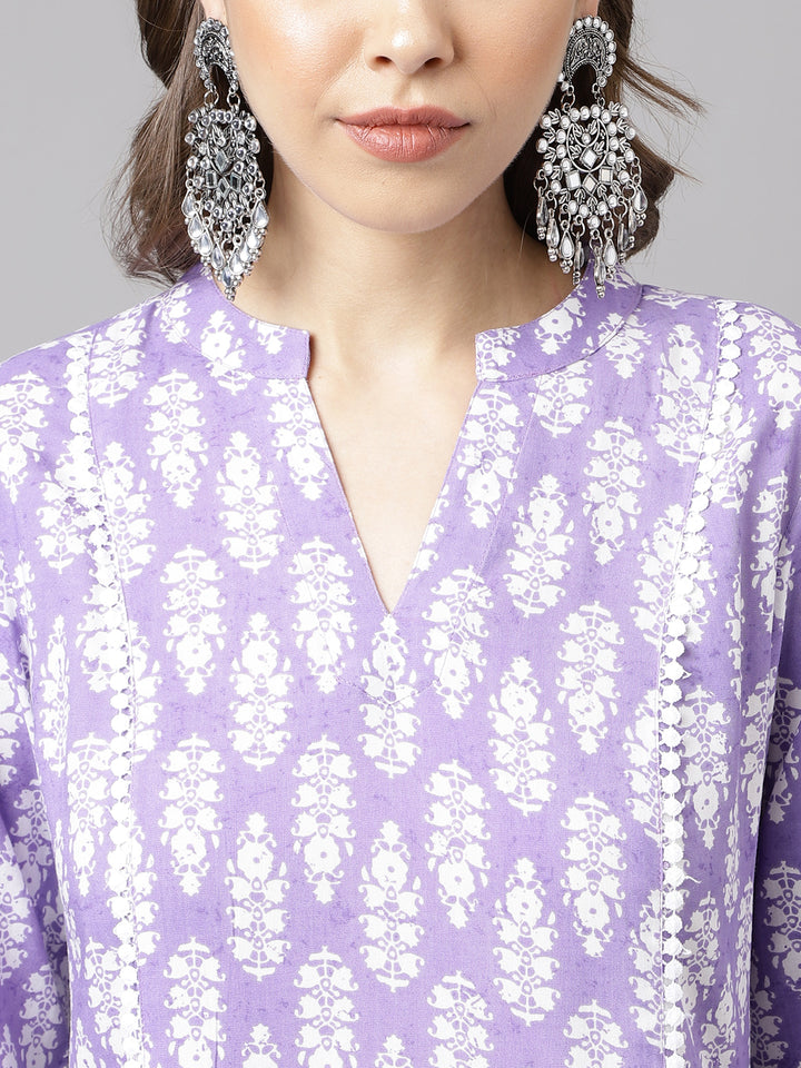 Stylish Violet Top & White Bottom | Elegant Designer Printed Cotton Set