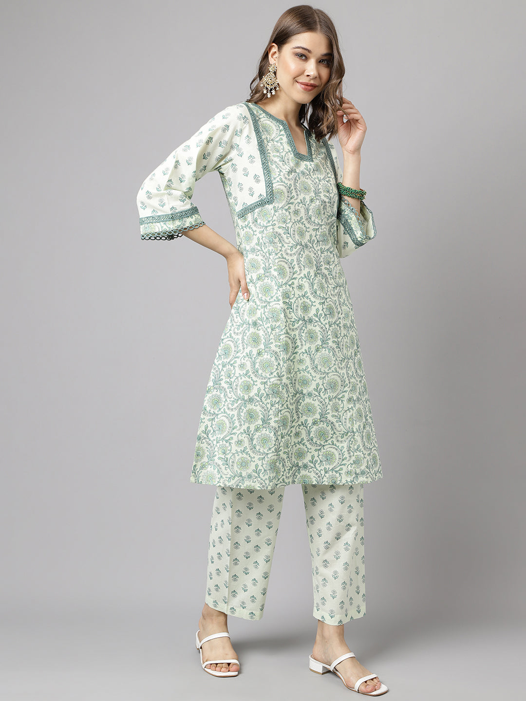 Stylish Green & White Cotton Set | Elegant Floral Printed Ready-Made Kurta