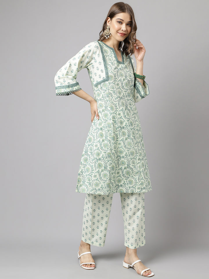 Stylish Green & White Cotton Set | Elegant Floral Printed Ready-Made Kurta