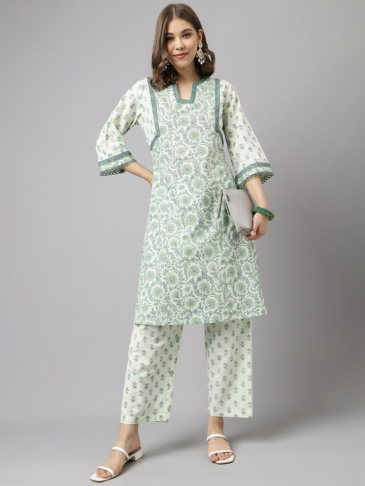 Stylish Green & White Cotton Set | Elegant Floral Printed Ready-Made Kurta