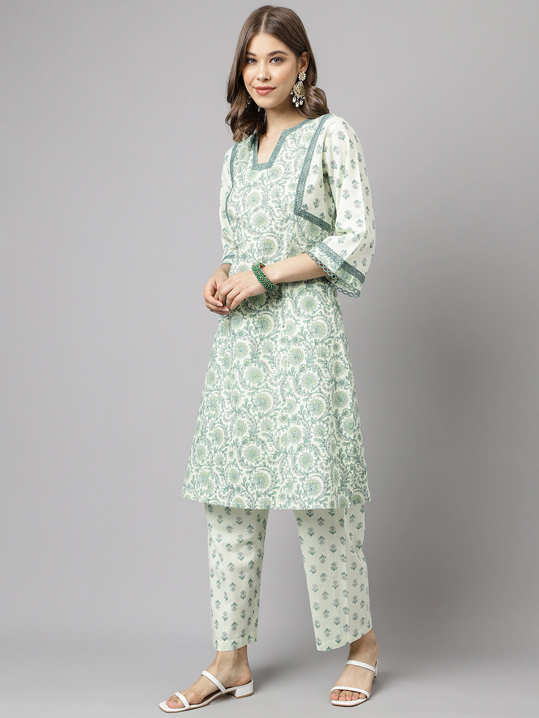 Stylish Green & White Cotton Set | Elegant Floral Printed Ready-Made Kurta