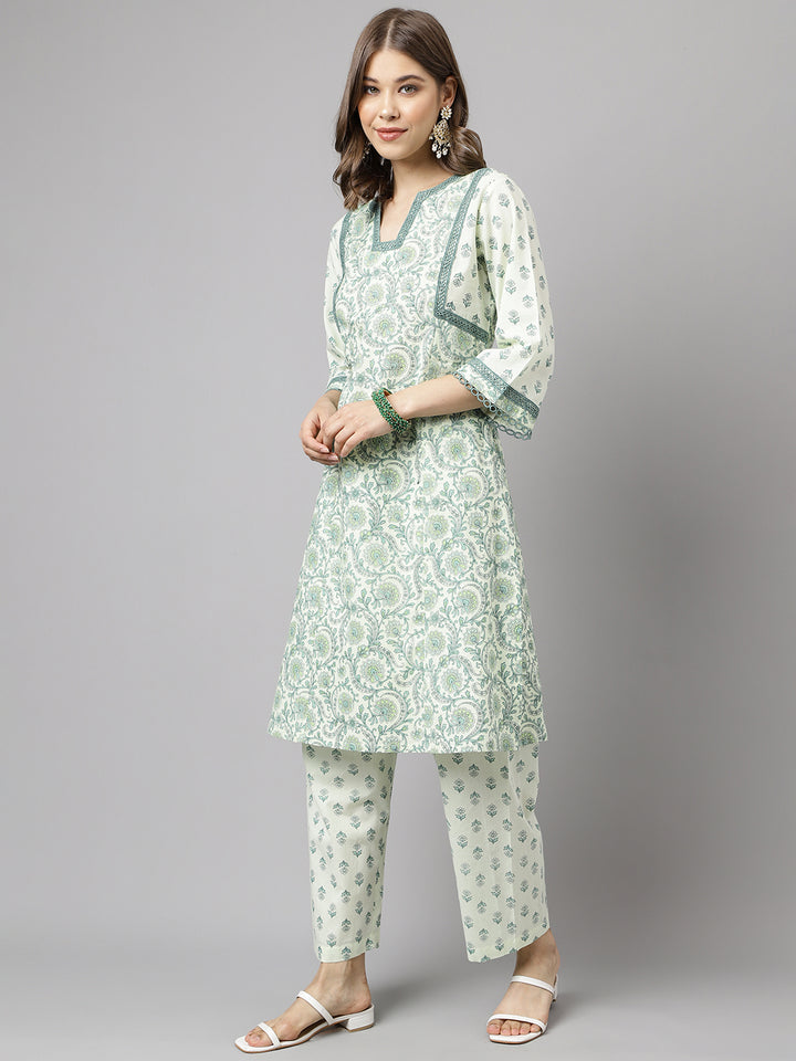 Stylish Green & White Cotton Set | Elegant Floral Printed Ready-Made Kurta
