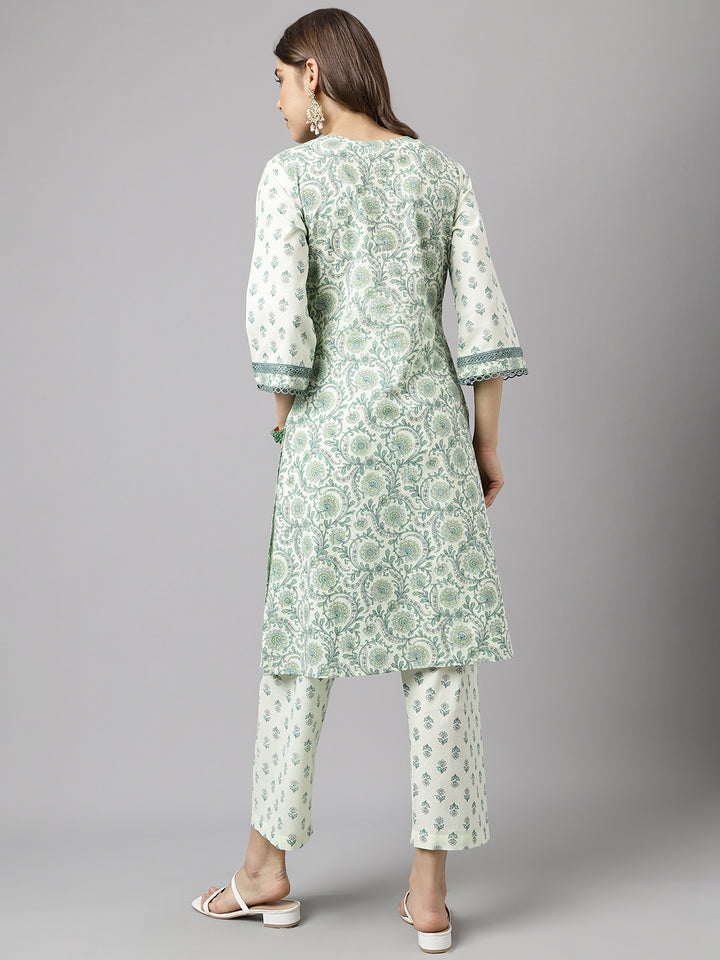 Stylish Green & White Cotton Set | Elegant Floral Printed Ready-Made Kurta