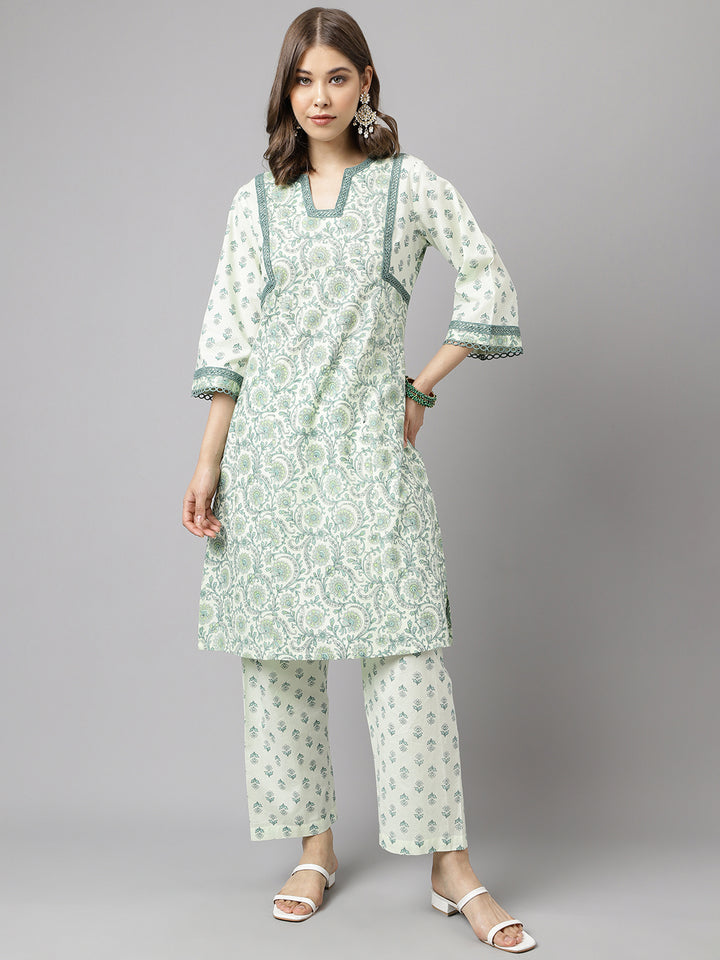 Stylish Green & White Cotton Set | Elegant Floral Printed Ready-Made Kurta