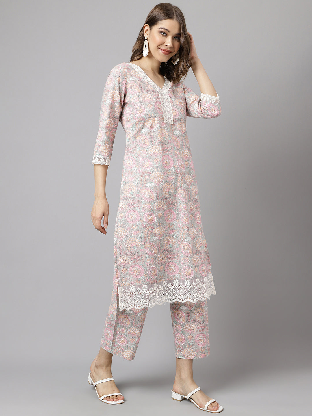 Stylish Baby Pink Cotton Set | Elegant Floral Printed Ready-Made Kurta