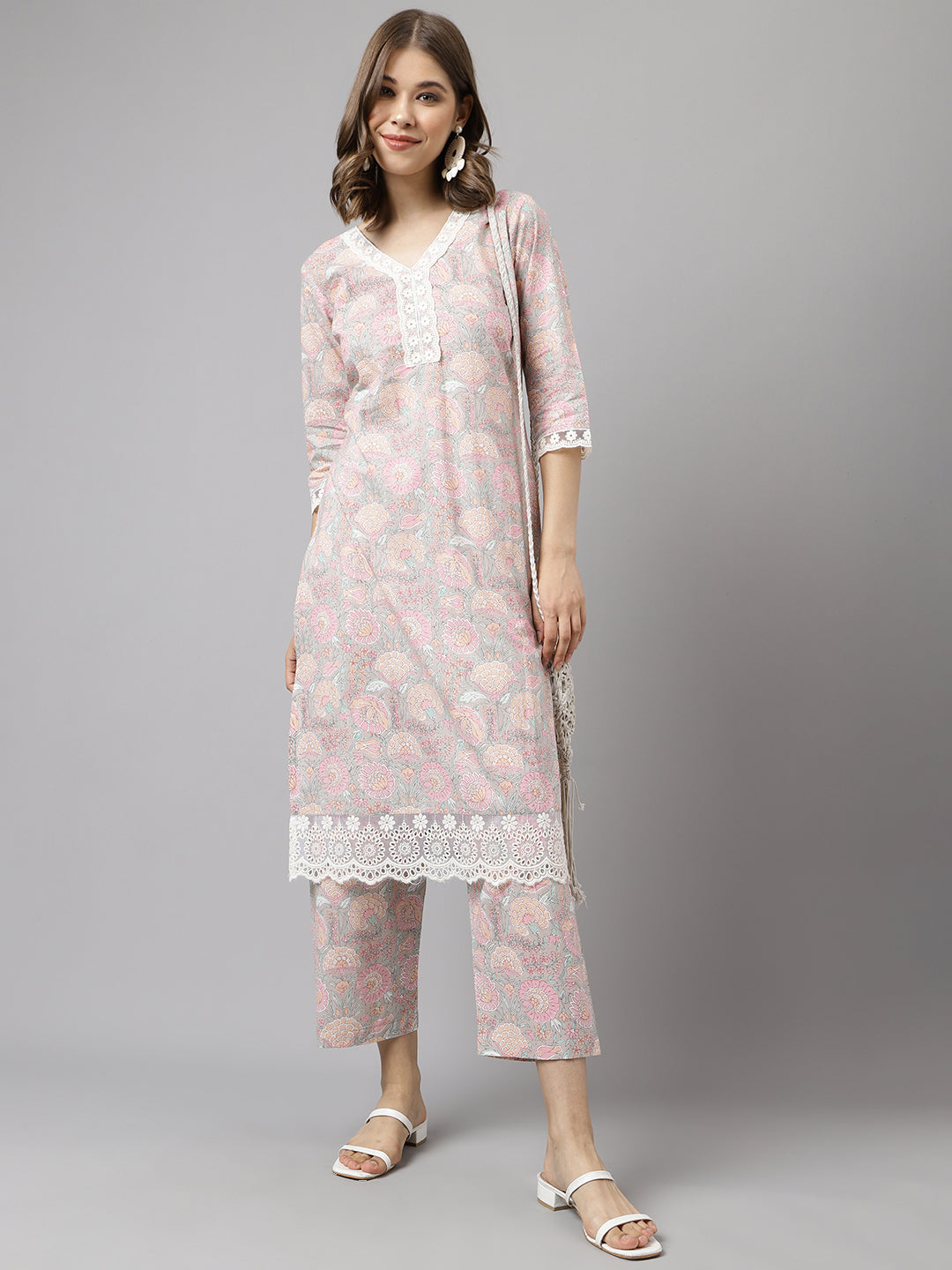 Stylish Baby Pink Cotton Set | Elegant Floral Printed Ready-Made Kurta