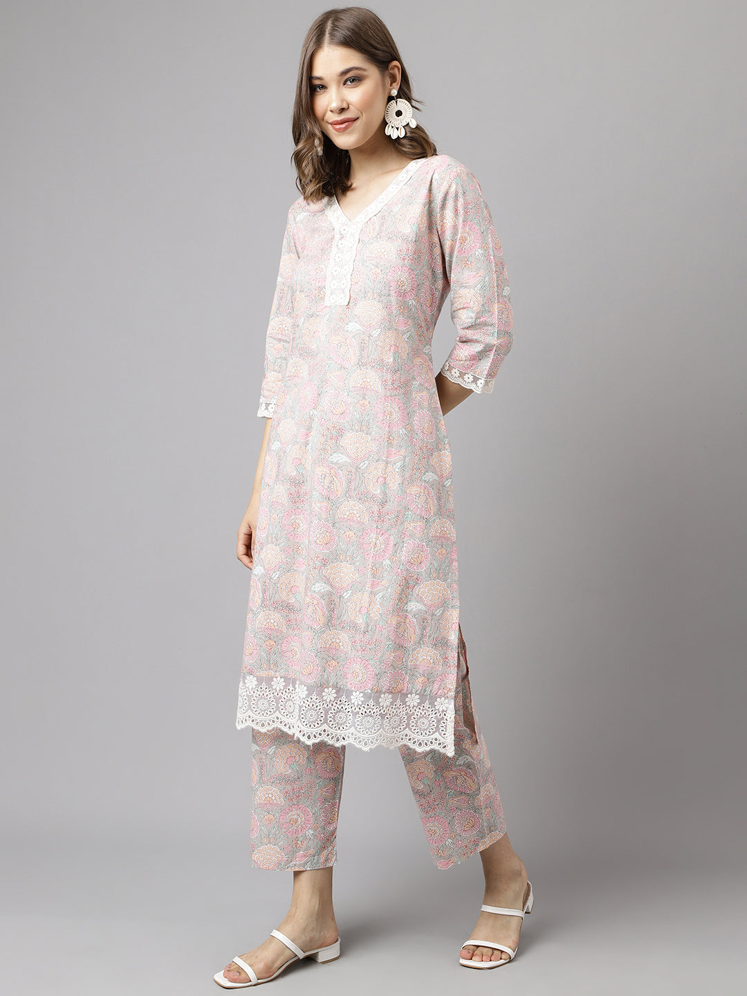 Stylish Baby Pink Cotton Set | Elegant Floral Printed Ready-Made Kurta