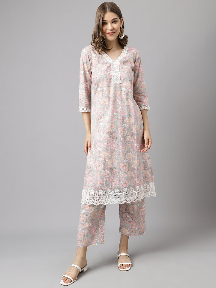 Stylish Baby Pink Cotton Set | Elegant Floral Printed Ready-Made Kurta