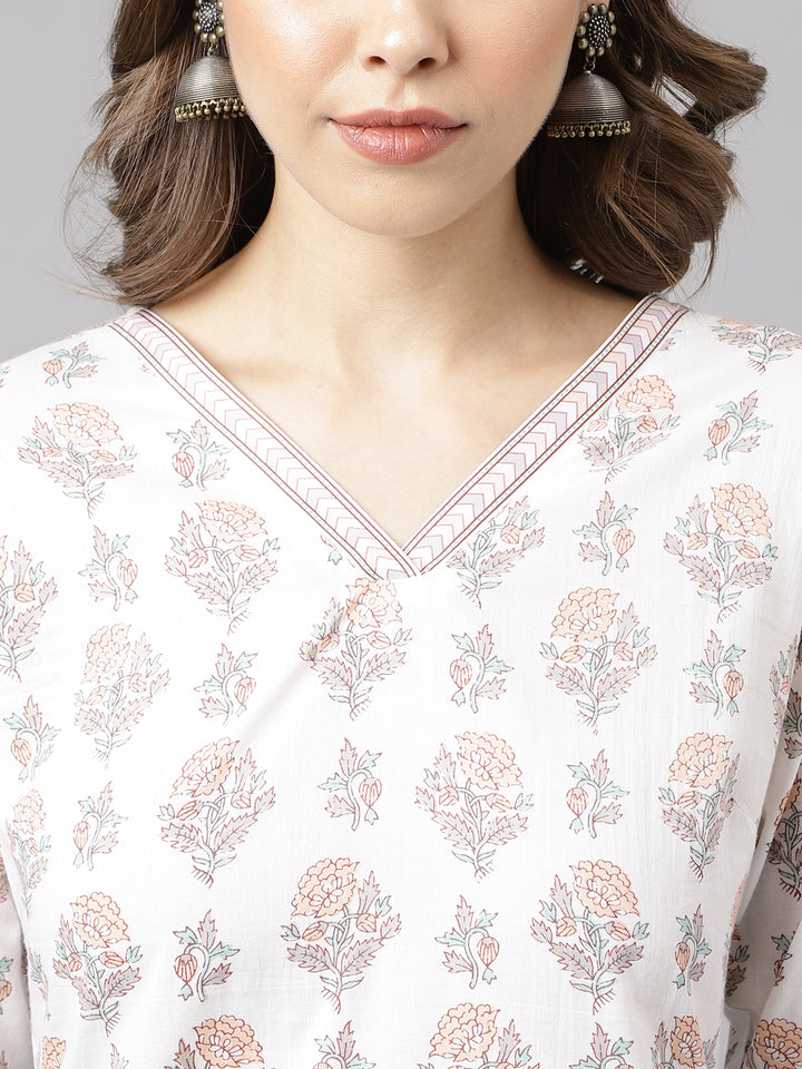 Stylish White Cotton Set | Elegant Floral Printed Ready-Made Kurta
