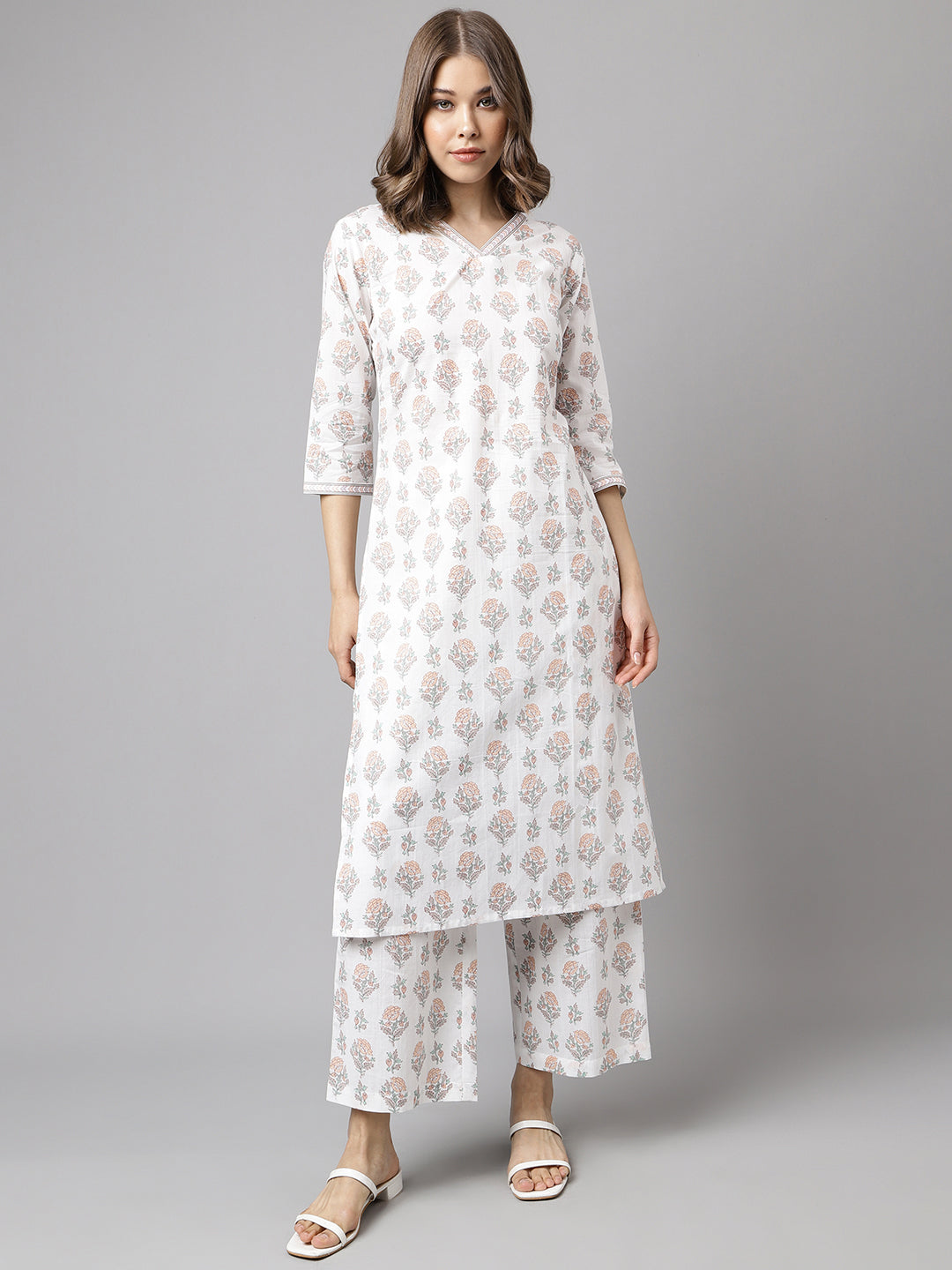 Stylish White Cotton Set | Elegant Floral Printed Ready-Made Kurta