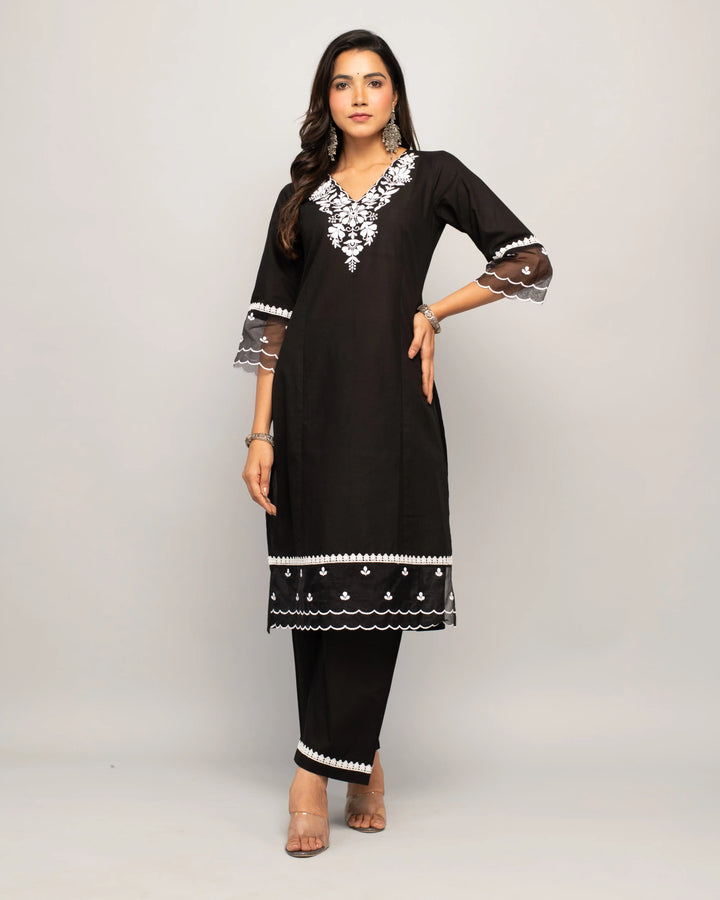 Stylish Black Cotton Set | Elegant Designer Embroidered Top with Bottom