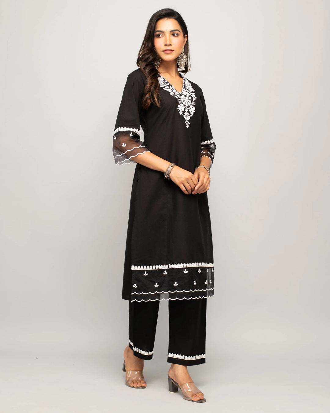 Stylish Black Cotton Set | Elegant Designer Embroidered Top with Bottom