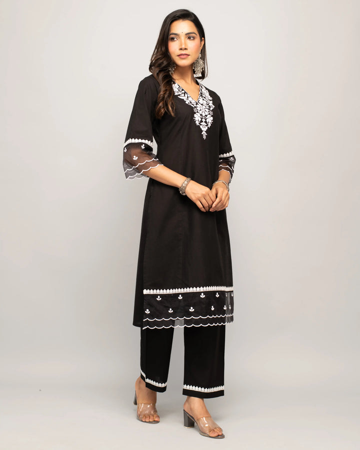Stylish Black Cotton Set | Elegant Designer Embroidered Top with Bottom