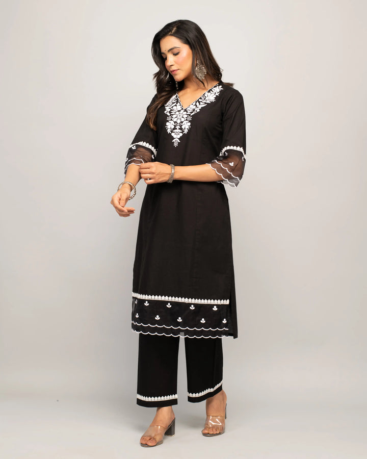 Stylish Black Cotton Set | Elegant Designer Embroidered Top with Bottom