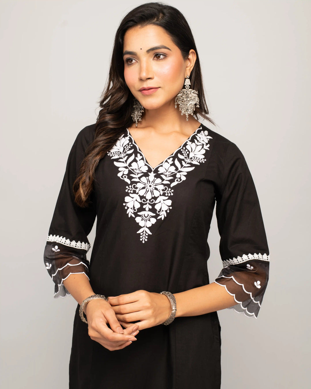 Stylish Black Cotton Set | Elegant Designer Embroidered Top with Bottom