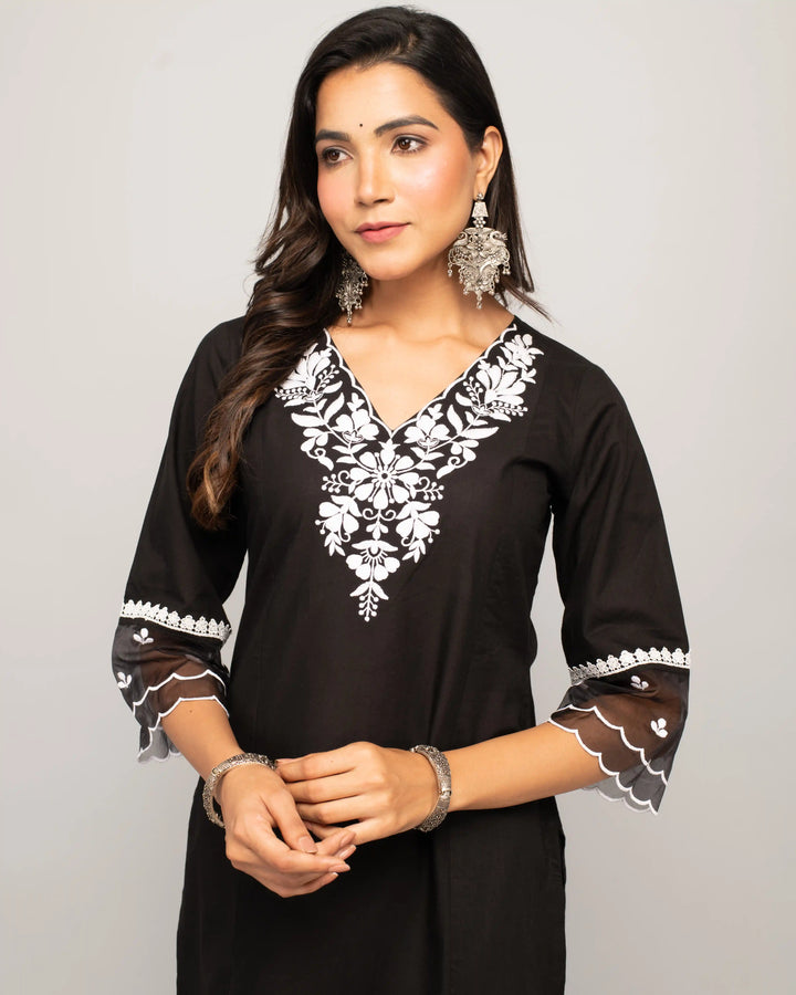 Stylish Black Cotton Set | Elegant Designer Embroidered Top with Bottom