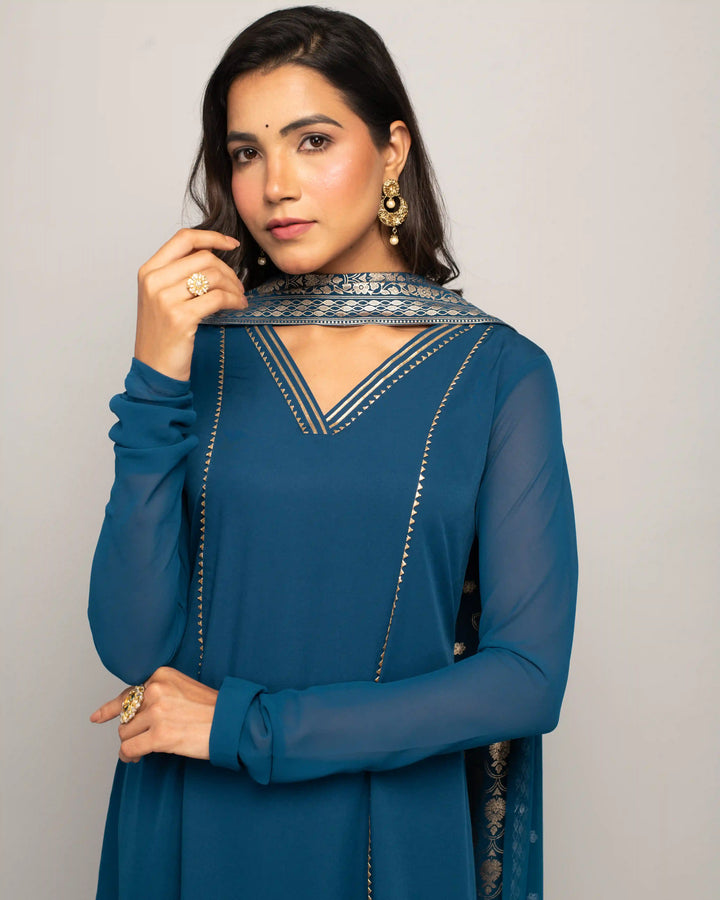 Designer Printed Crepe Suits with Hand Work | Teal Blue Ready to Wear