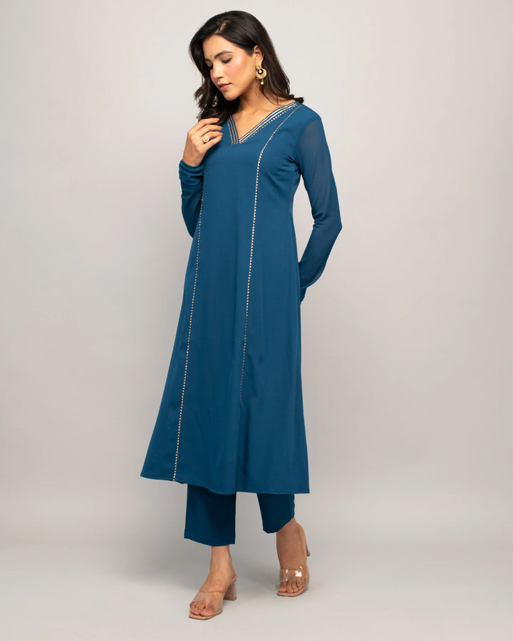 Designer Printed Crepe Suits with Hand Work | Teal Blue Ready to Wear