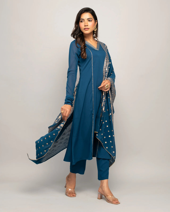 Designer Printed Crepe Suits with Hand Work | Teal Blue Ready to Wear
