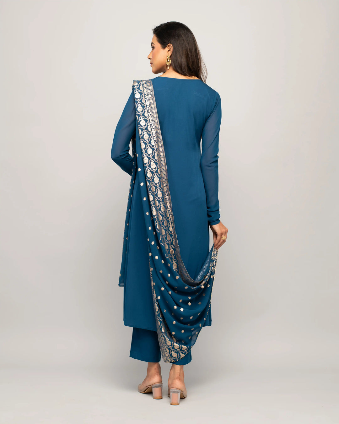 Designer Printed Crepe Suits with Hand Work | Teal Blue Ready to Wear