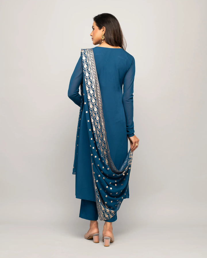 Designer Printed Crepe Suits with Hand Work | Teal Blue Ready to Wear