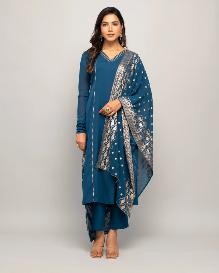 Designer Printed Crepe Suits with Hand Work | Teal Blue Ready to Wear