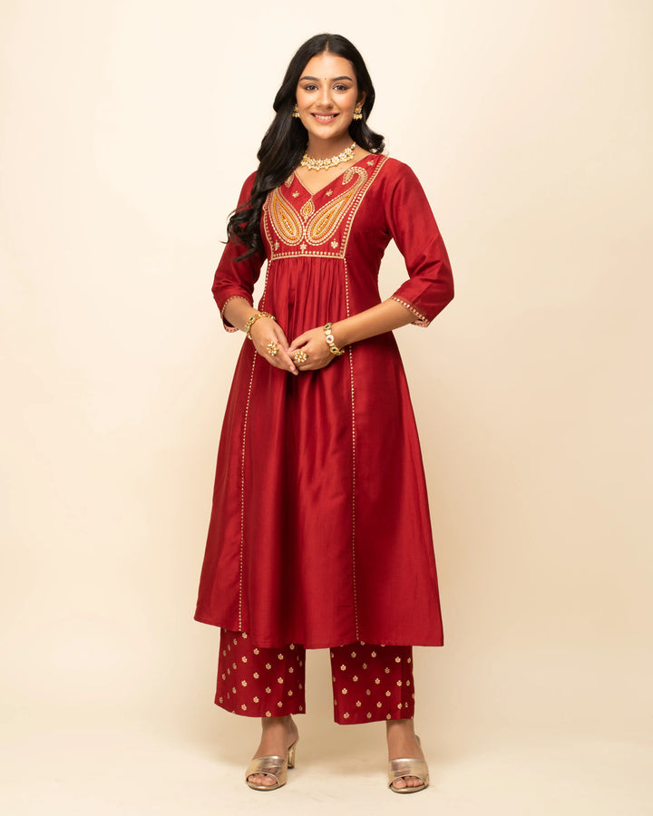 Elegant Red Silk Blend Readymade Suit | Hand Work on Top & Bottom