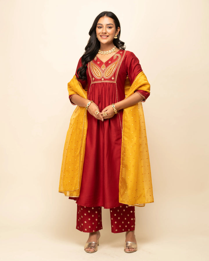 Elegant Red Silk Blend Readymade Suit | Hand Work on Top & Bottom