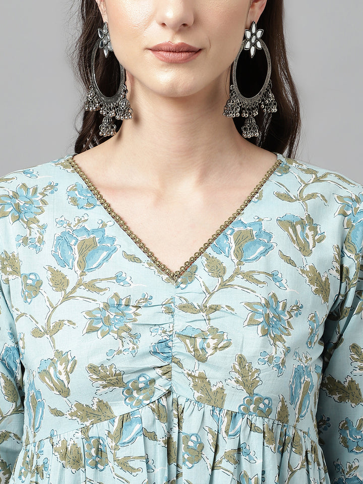 Stylish Sky Blue Cotton Set | Elegant Ready-Made Floral Printed Top with Bottom