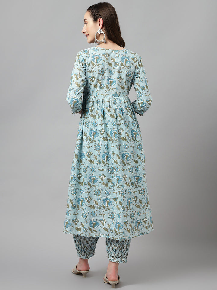 Stylish Sky Blue Cotton Set | Elegant Ready-Made Floral Printed Top with Bottom