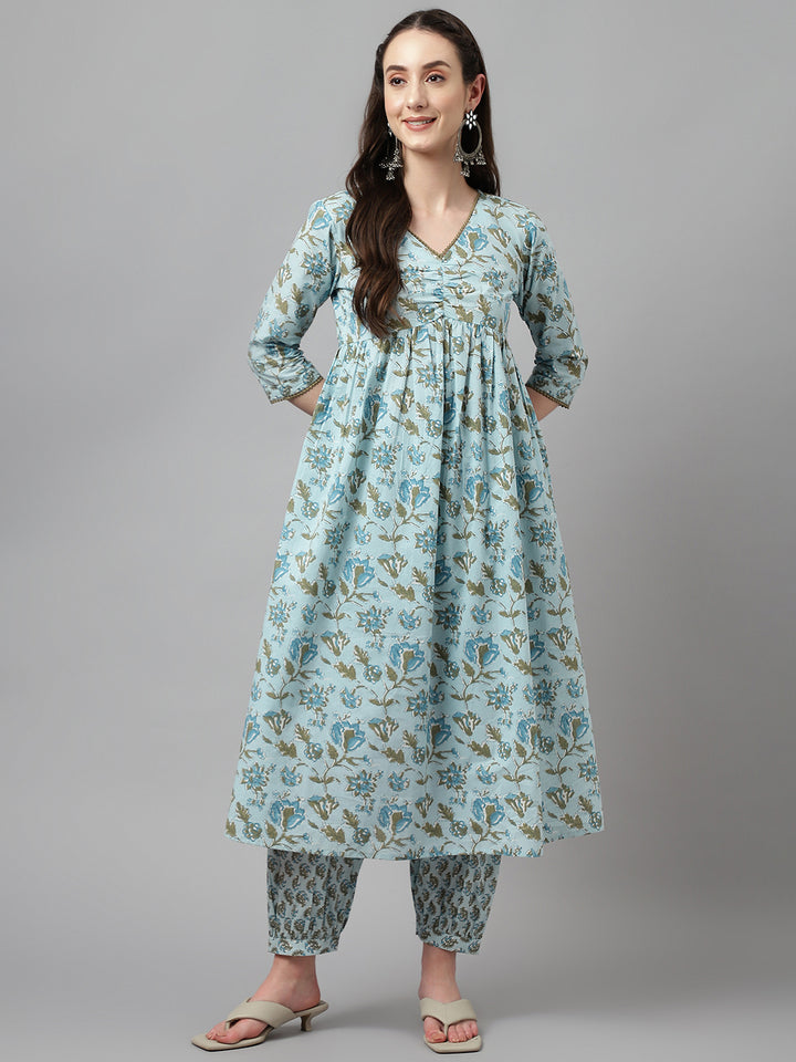 Stylish Sky Blue Cotton Set | Elegant Ready-Made Floral Printed Top with Bottom