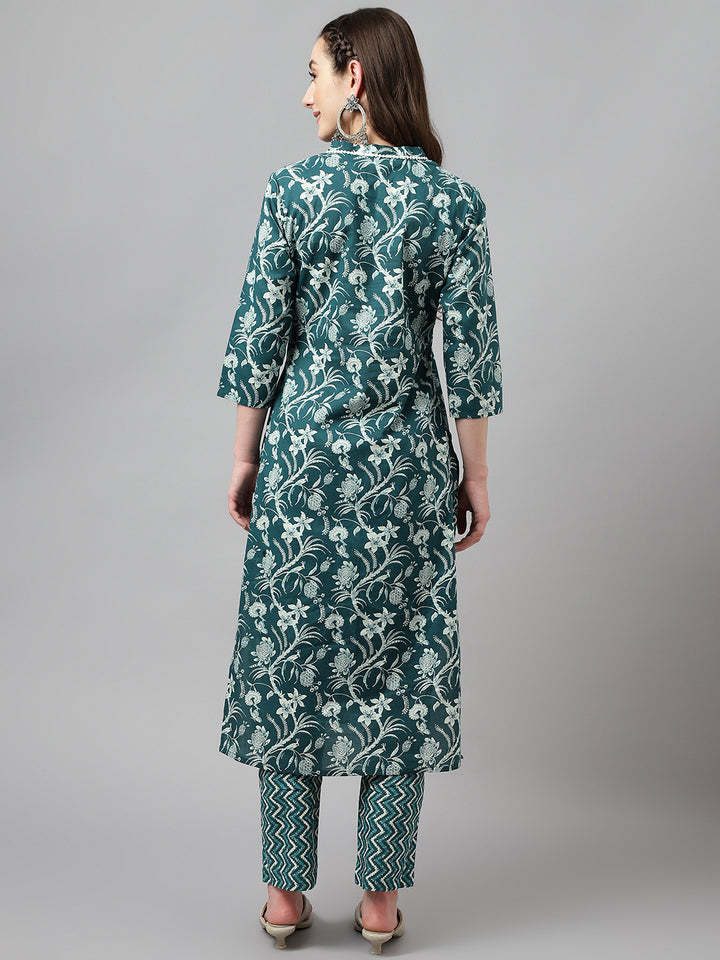 Stylish Green Cotton Set | Elegant Ready-Made Floral Printed Top with Bottom