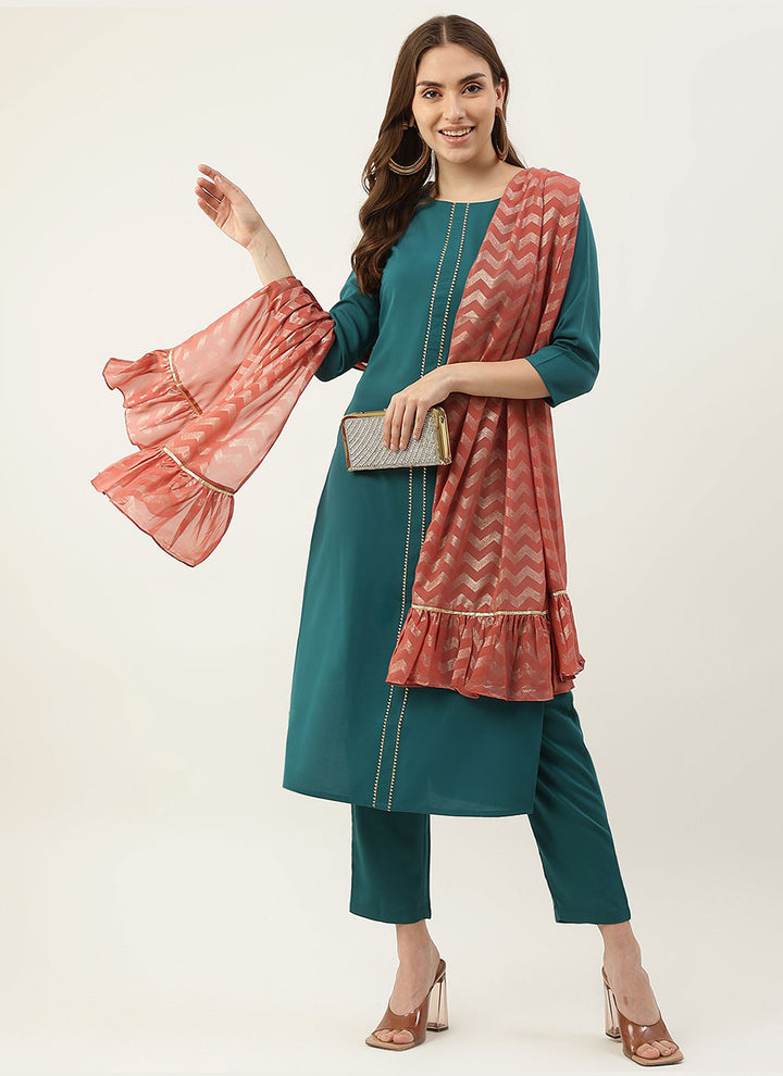 Garb These Beautiful Teal & Brown Crepe Readymade Suits | Handwork Designer Suits