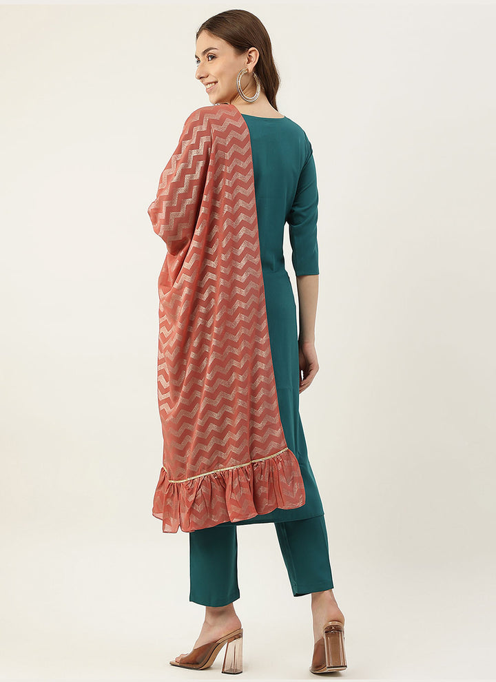 Garb These Beautiful Teal & Brown Crepe Readymade Suits | Handwork Designer Suits